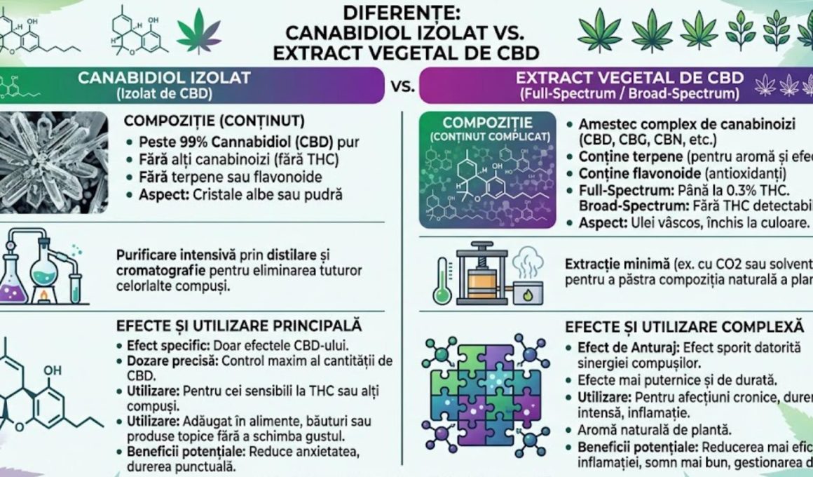 Canabidiol izolat sau extract vegetal diferente de compozitie si utilizare